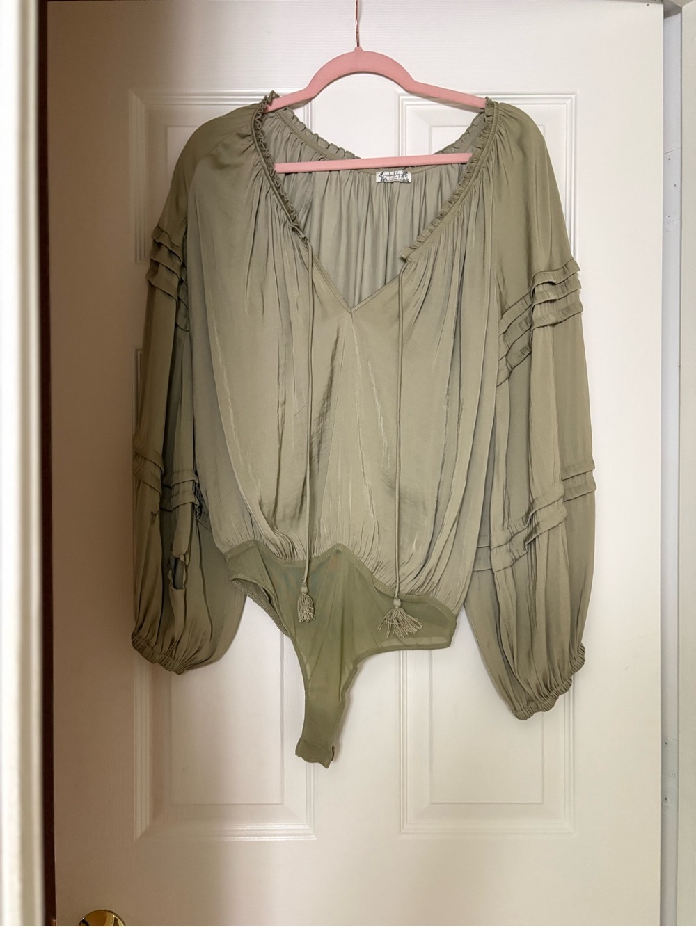 Free People Olive Green Peasant Bodysuit with Tassel Ties
